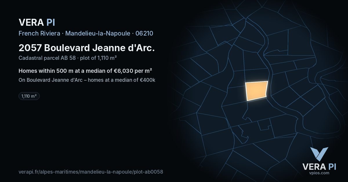 2057 Boulevard Jeanne d'Arc, Mandelieu-la-Napoule at night – the plot lit, the parcels around coloured by the prices near them