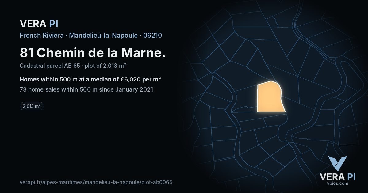 81 Chemin de la Marne, Mandelieu-la-Napoule at night – the plot lit, the parcels around coloured by the prices near them