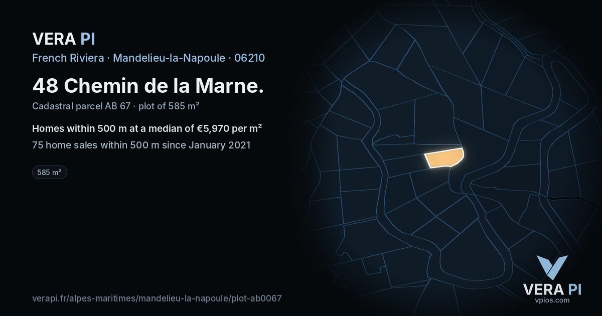 48 Chemin de la Marne, Mandelieu-la-Napoule at night – the plot lit, the parcels around coloured by the prices near them