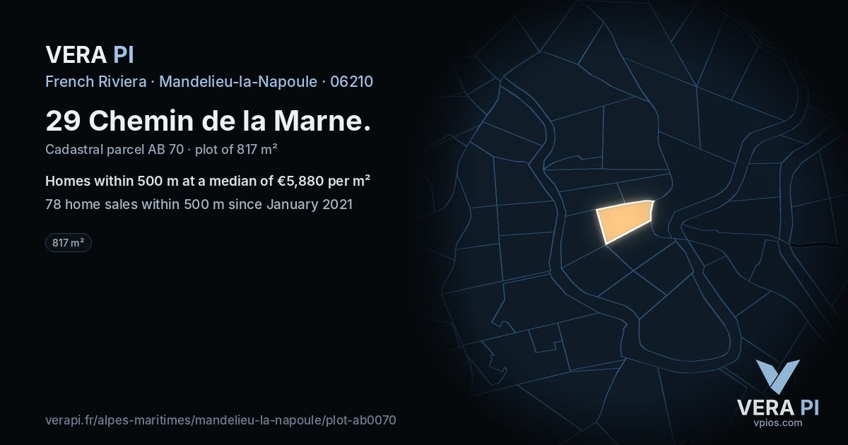 29 Chemin de la Marne, Mandelieu-la-Napoule at night – the plot lit, the parcels around coloured by the prices near them