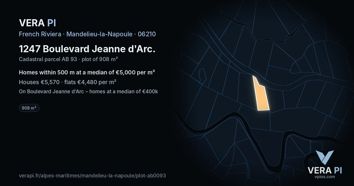 1247 Boulevard Jeanne d'Arc, Mandelieu-la-Napoule at night – the plot lit, the parcels around coloured by the prices near them