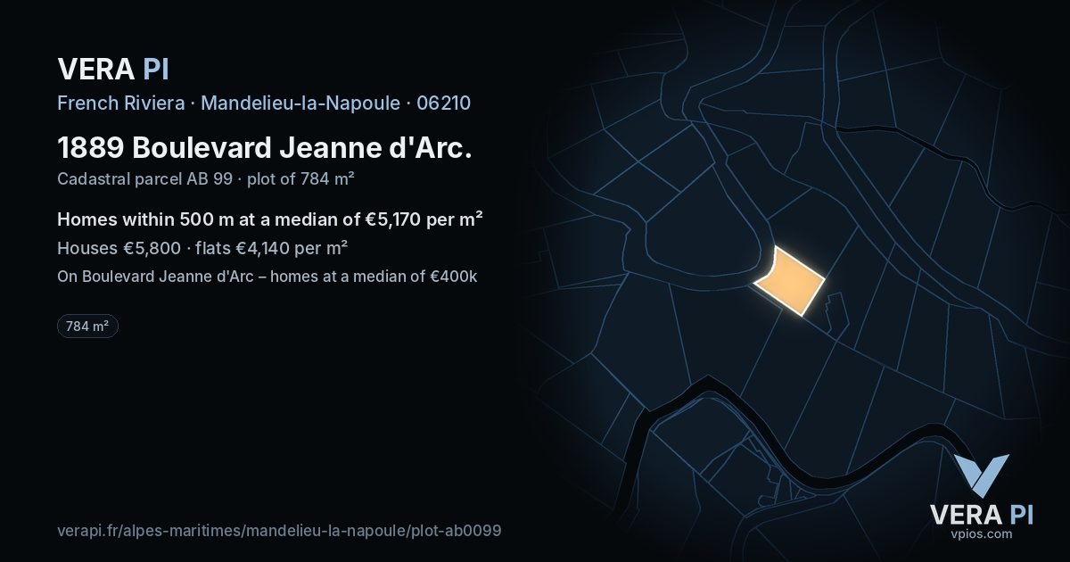 1889 Boulevard Jeanne d'Arc, Mandelieu-la-Napoule at night – the plot lit, the parcels around coloured by the prices near them