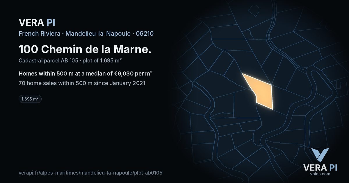 100 Chemin de la Marne, Mandelieu-la-Napoule at night – the plot lit, the parcels around coloured by the prices near them