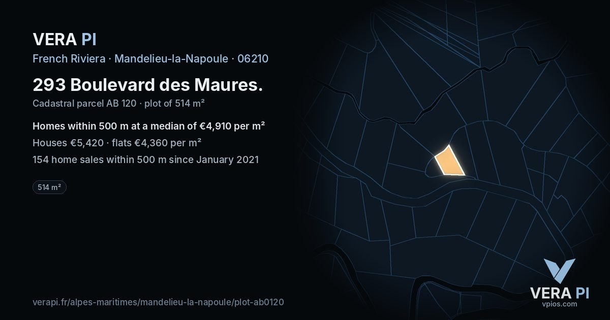 293 Boulevard des Maures, Mandelieu-la-Napoule at night – the plot lit, the parcels around coloured by the prices near them