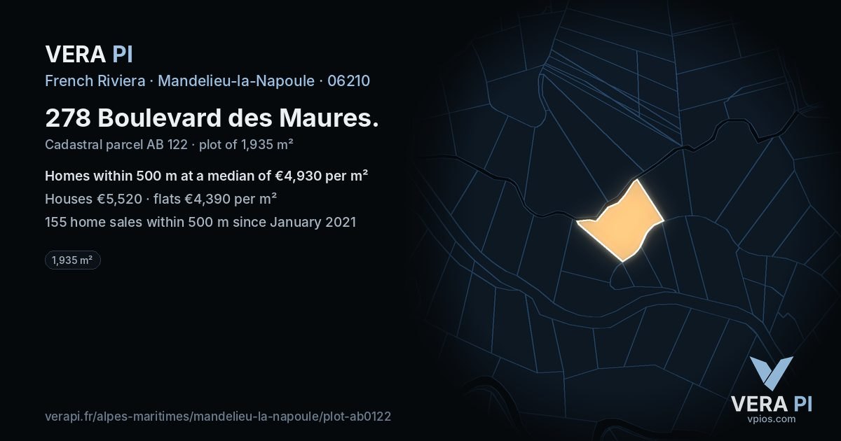 278 Boulevard des Maures, Mandelieu-la-Napoule at night – the plot lit, the parcels around coloured by the prices near them