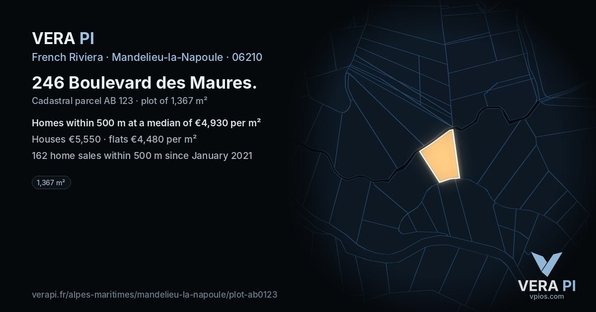 246 Boulevard des Maures, Mandelieu-la-Napoule at night – the plot lit, the parcels around coloured by the prices near them