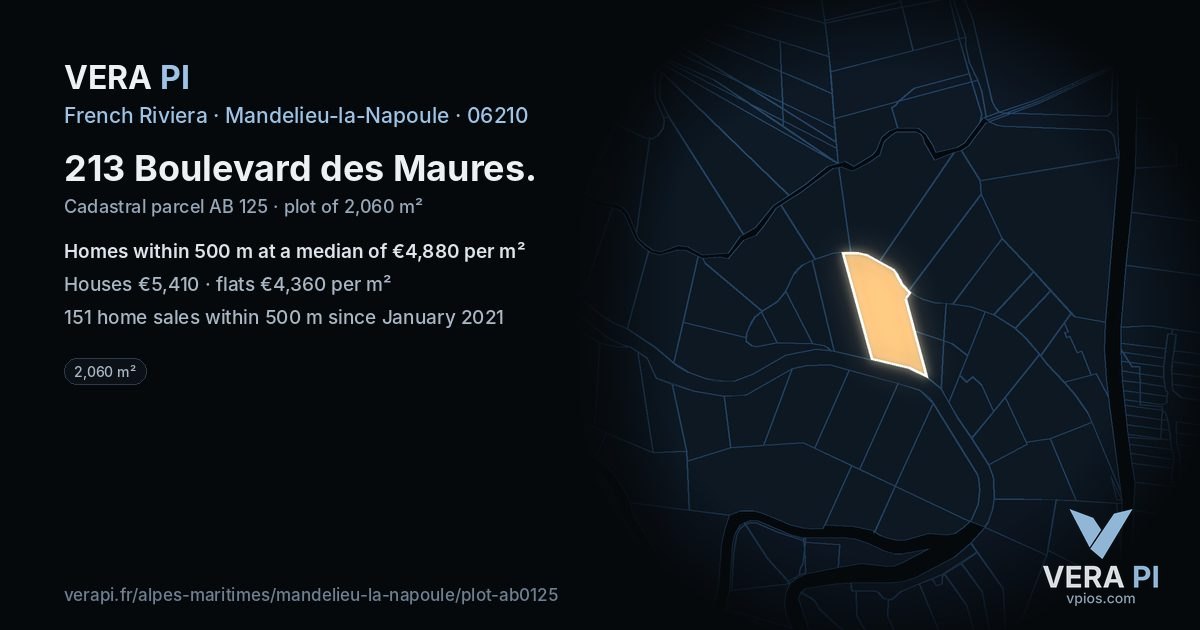 213 Boulevard des Maures, Mandelieu-la-Napoule at night – the plot lit, the parcels around coloured by the prices near them
