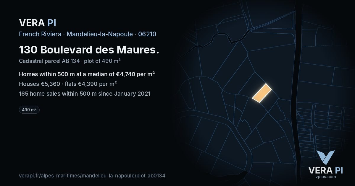 130 Boulevard des Maures, Mandelieu-la-Napoule at night – the plot lit, the parcels around coloured by the prices near them