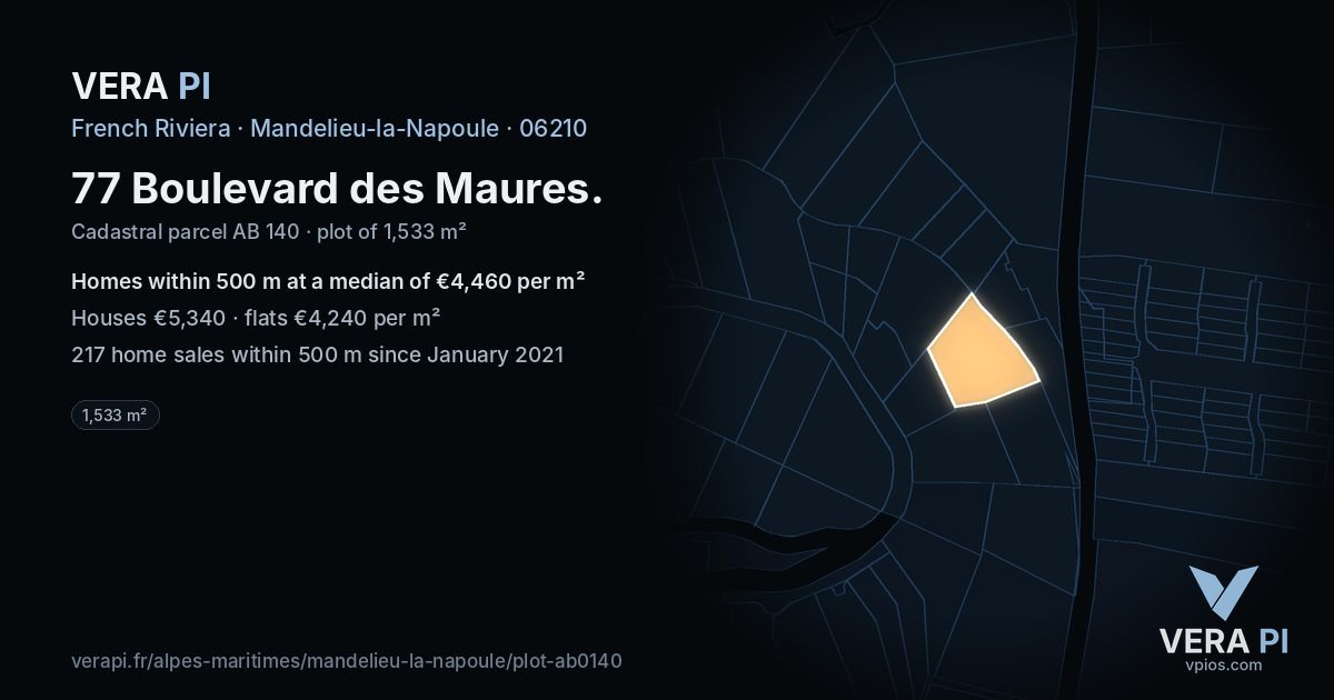 77 Boulevard des Maures, Mandelieu-la-Napoule at night – the plot lit, the parcels around coloured by the prices near them