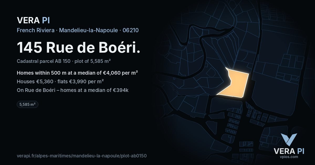 145 Rue de Boéri, Mandelieu-la-Napoule at night – the plot lit, the parcels around coloured by the prices near them