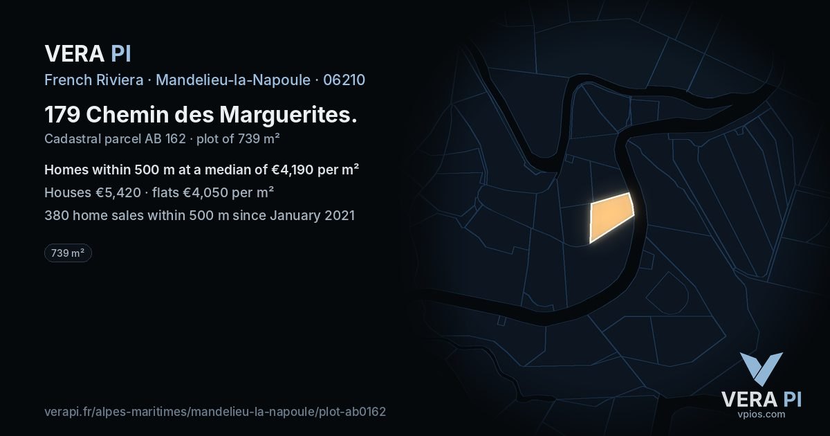 179 Chemin des Marguerites, Mandelieu-la-Napoule at night – the plot lit, the parcels around coloured by the prices near them