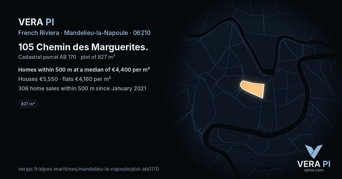 105 Chemin des Marguerites, Mandelieu-la-Napoule at night – the plot lit, the parcels around coloured by the prices near them