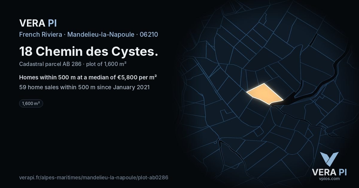 18 Chemin des Cystes, Mandelieu-la-Napoule at night – the plot lit, the parcels around coloured by the prices near them