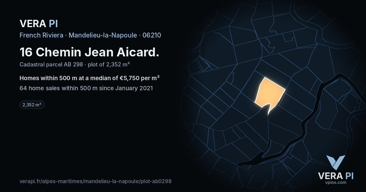 16 Chemin Jean Aicard, Mandelieu-la-Napoule at night – the plot lit, the parcels around coloured by the prices near them