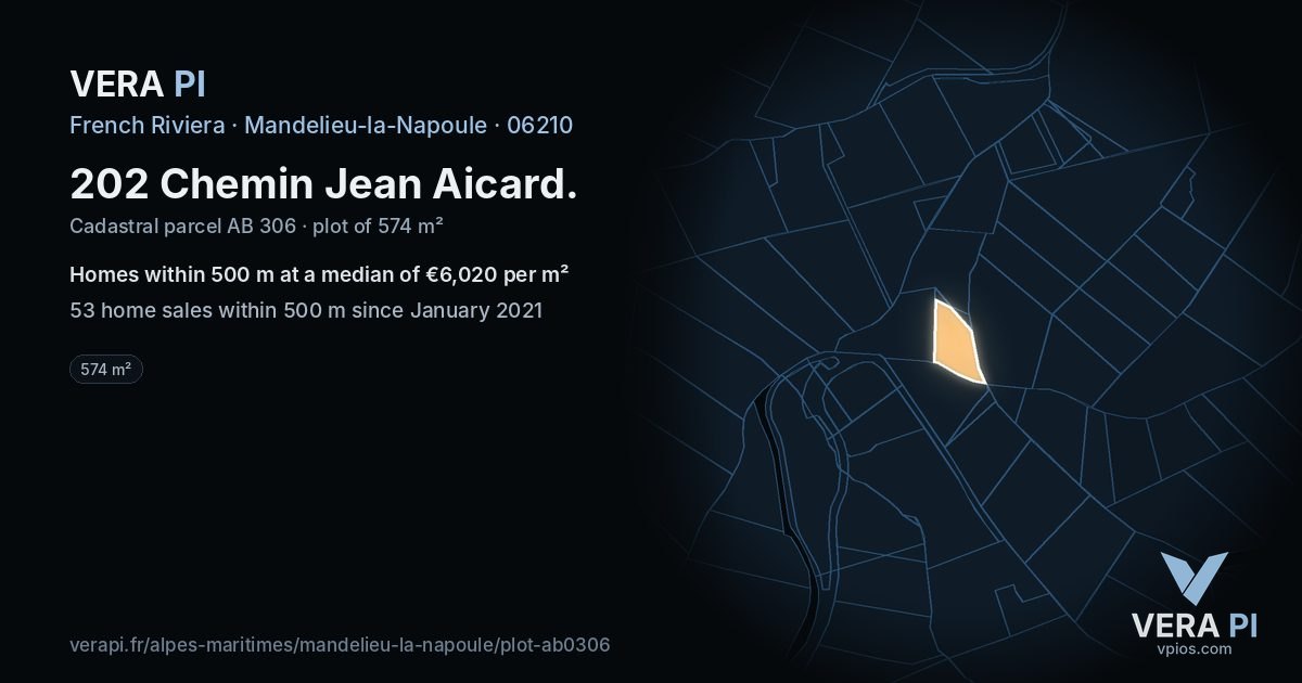 202 Chemin Jean Aicard, Mandelieu-la-Napoule at night – the plot lit, the parcels around coloured by the prices near them