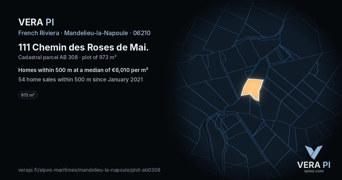 111 Chemin des Roses de Mai, Mandelieu-la-Napoule at night – the plot lit, the parcels around coloured by the prices near them