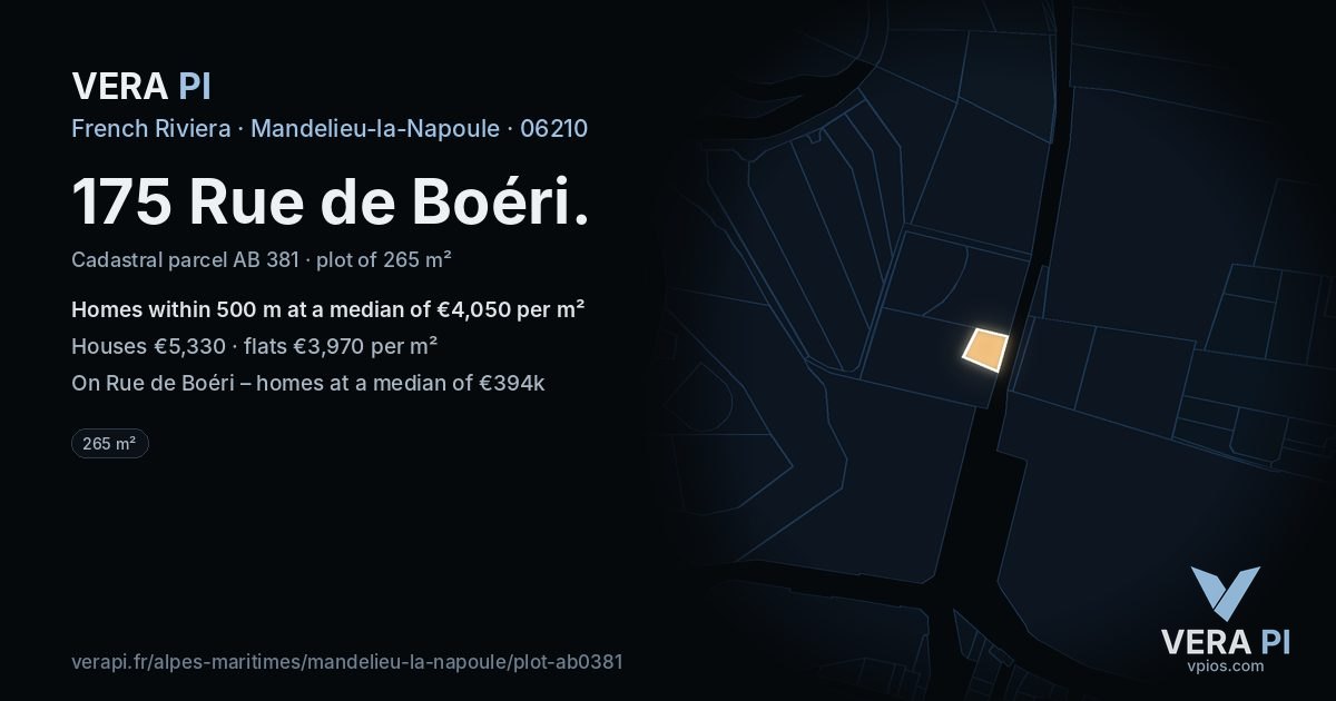 175 Rue de Boéri, Mandelieu-la-Napoule at night – the plot lit, the parcels around coloured by the prices near them