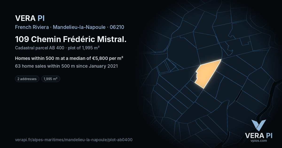 109 Chemin Frédéric Mistral, Mandelieu-la-Napoule at night – the plot lit, the parcels around coloured by the prices near them