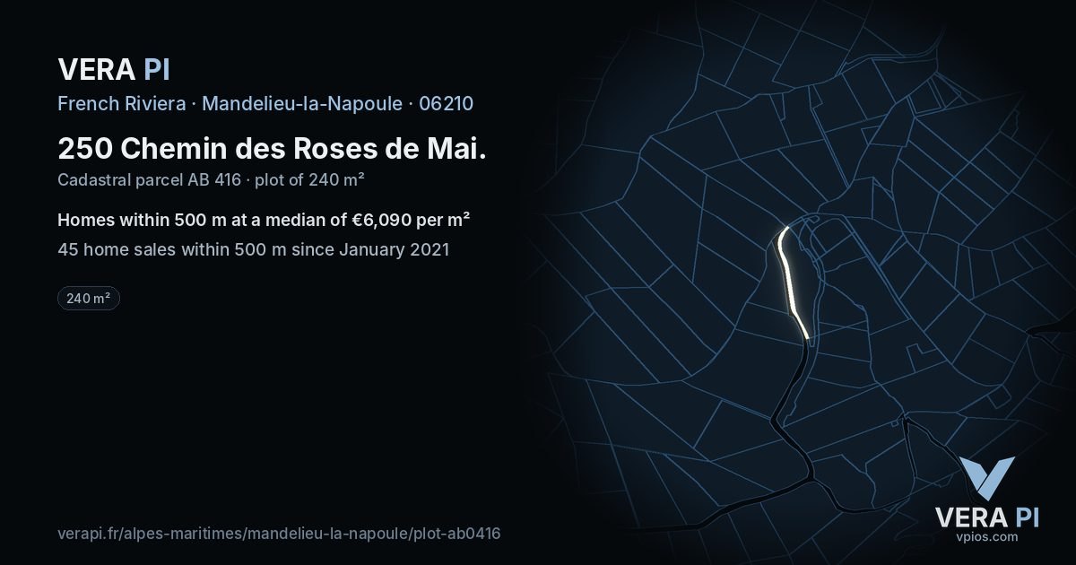 250 Chemin des Roses de Mai, Mandelieu-la-Napoule at night – the plot lit, the parcels around coloured by the prices near them