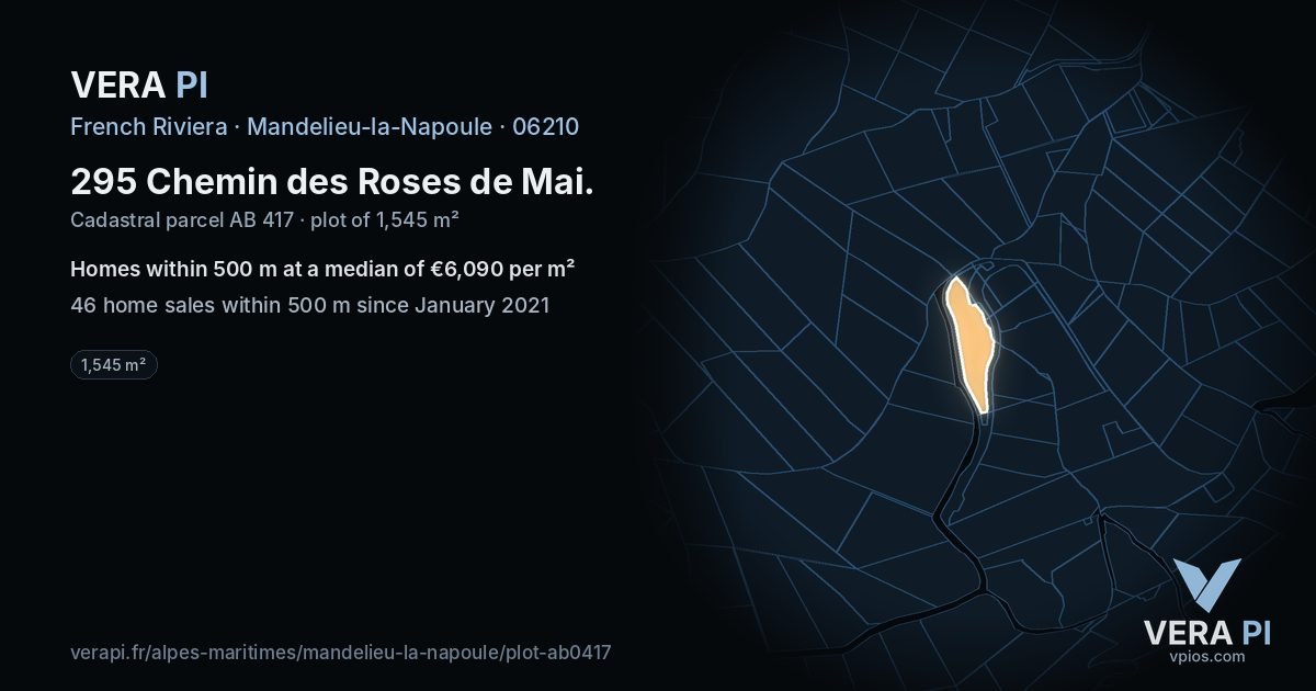 295 Chemin des Roses de Mai, Mandelieu-la-Napoule at night – the plot lit, the parcels around coloured by the prices near them