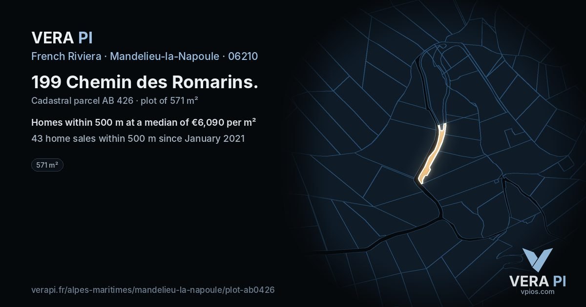 199 Chemin des Romarins, Mandelieu-la-Napoule at night – the plot lit, the parcels around coloured by the prices near them