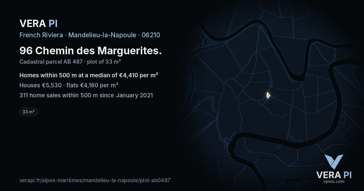 96 Chemin des Marguerites, Mandelieu-la-Napoule at night – the plot lit, the parcels around coloured by the prices near them