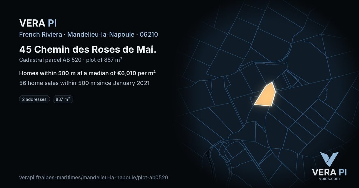 45 Chemin des Roses de Mai, Mandelieu-la-Napoule at night – the plot lit, the parcels around coloured by the prices near them