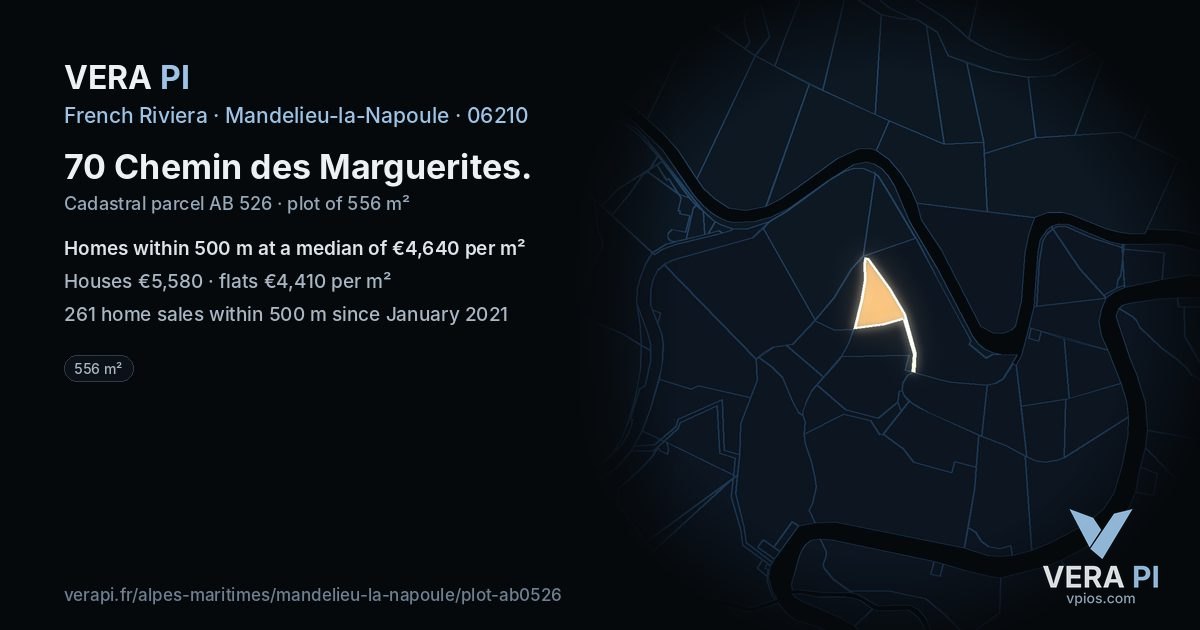 70 Chemin des Marguerites, Mandelieu-la-Napoule at night – the plot lit, the parcels around coloured by the prices near them