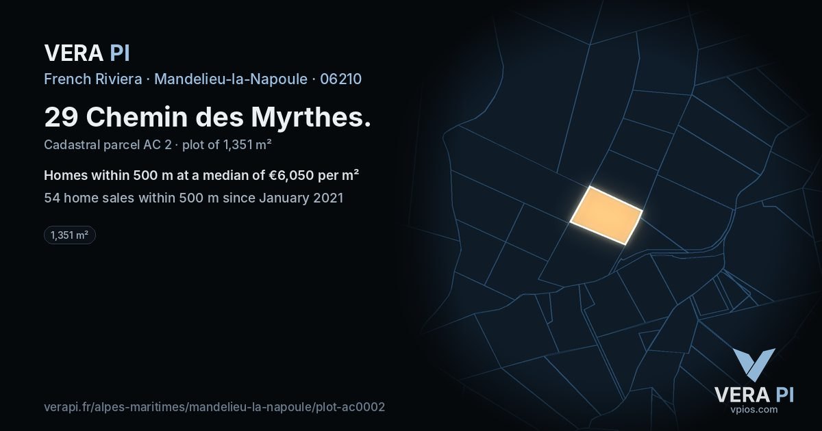 29 Chemin des Myrthes, Mandelieu-la-Napoule at night – the plot lit, the parcels around coloured by the prices near them