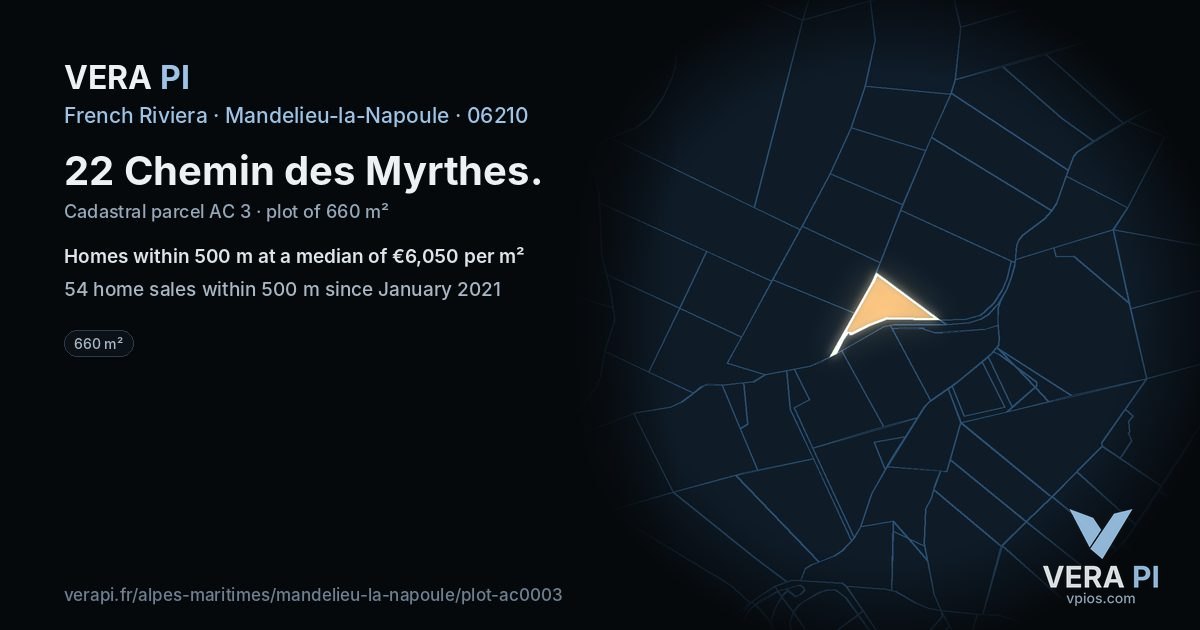 22 Chemin des Myrthes, Mandelieu-la-Napoule at night – the plot lit, the parcels around coloured by the prices near them