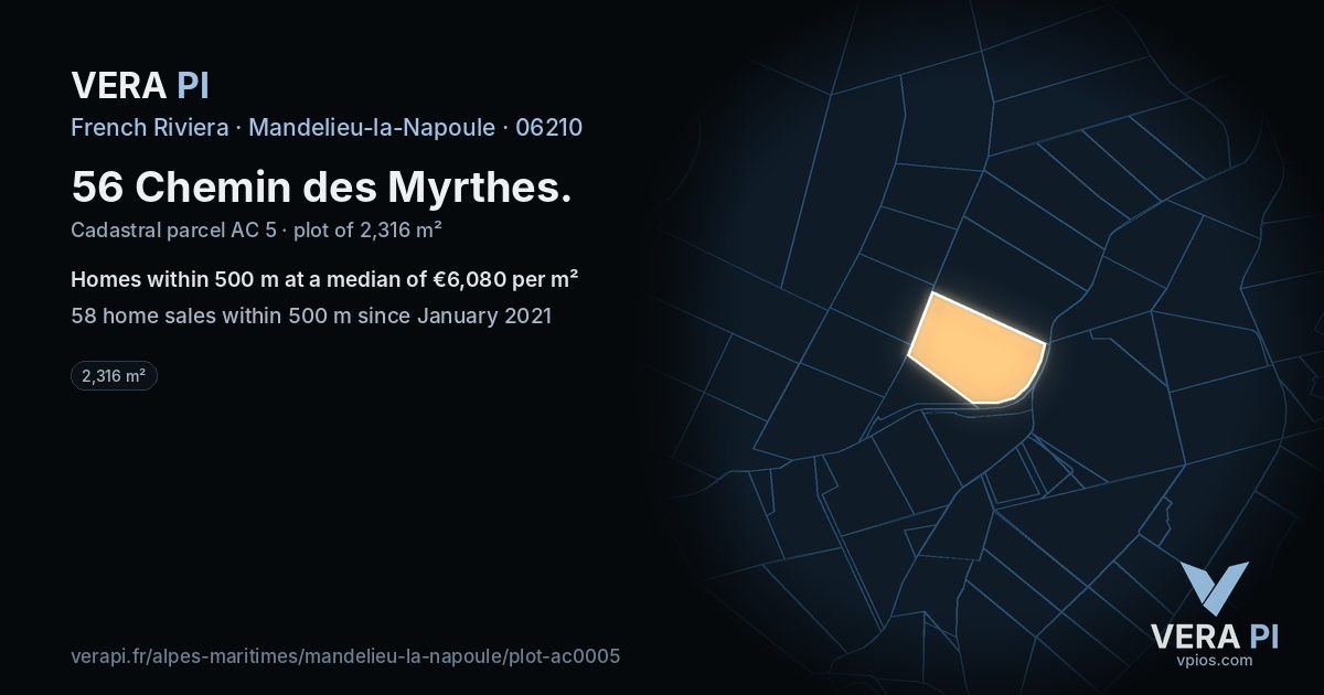 56 Chemin des Myrthes, Mandelieu-la-Napoule at night – the plot lit, the parcels around coloured by the prices near them
