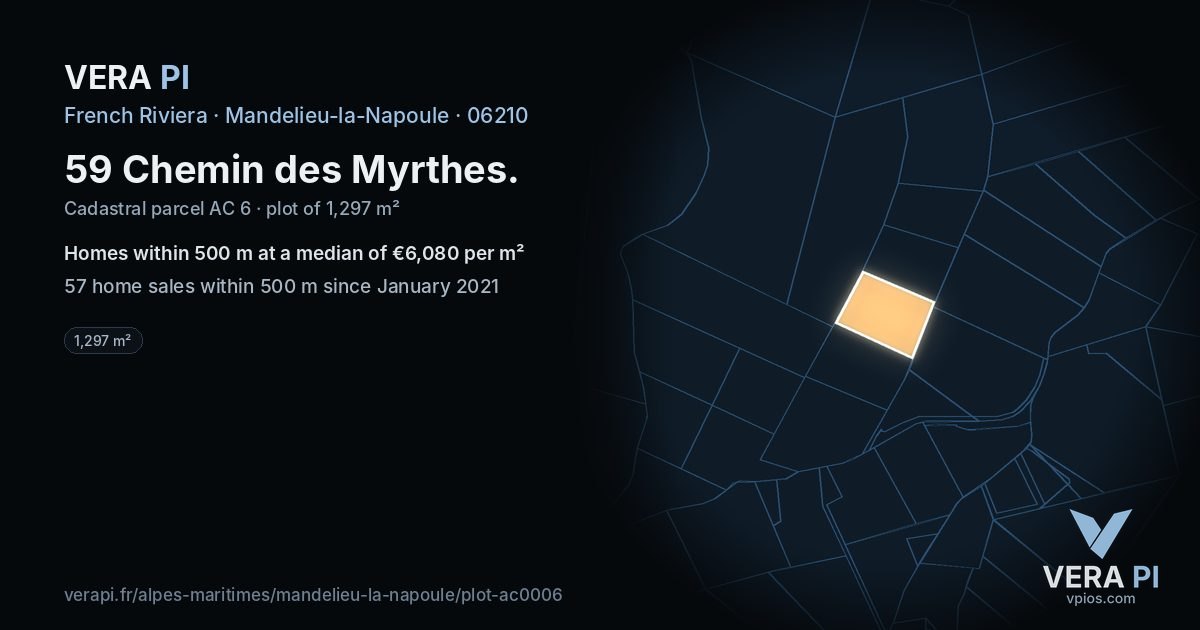 59 Chemin des Myrthes, Mandelieu-la-Napoule at night – the plot lit, the parcels around coloured by the prices near them