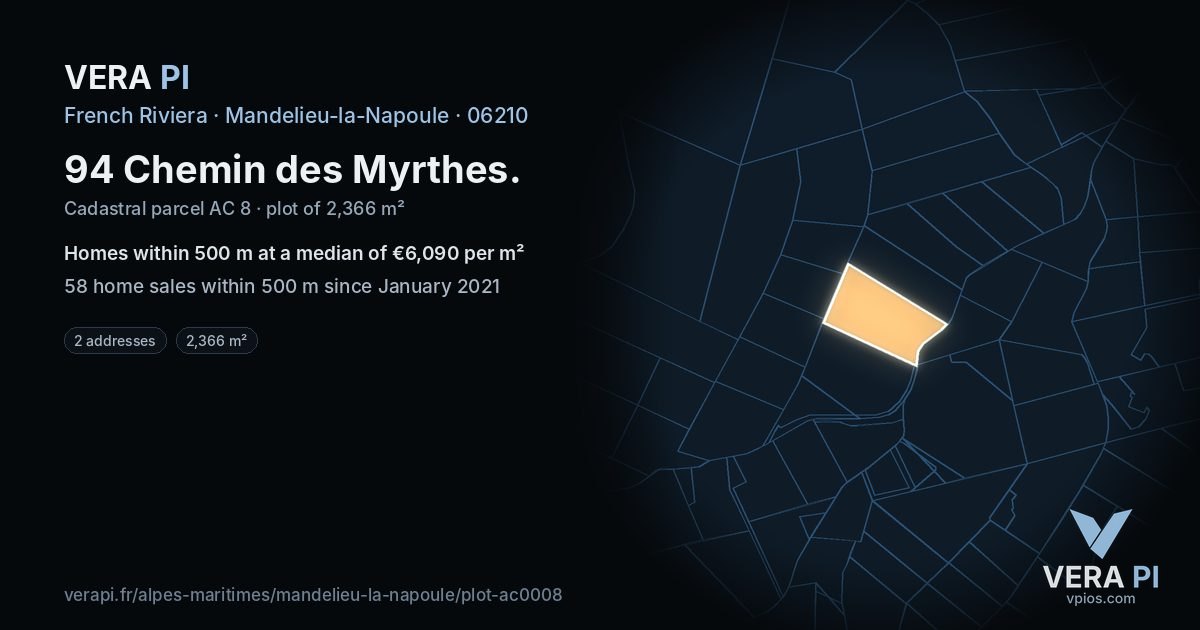 94 Chemin des Myrthes, Mandelieu-la-Napoule at night – the plot lit, the parcels around coloured by the prices near them