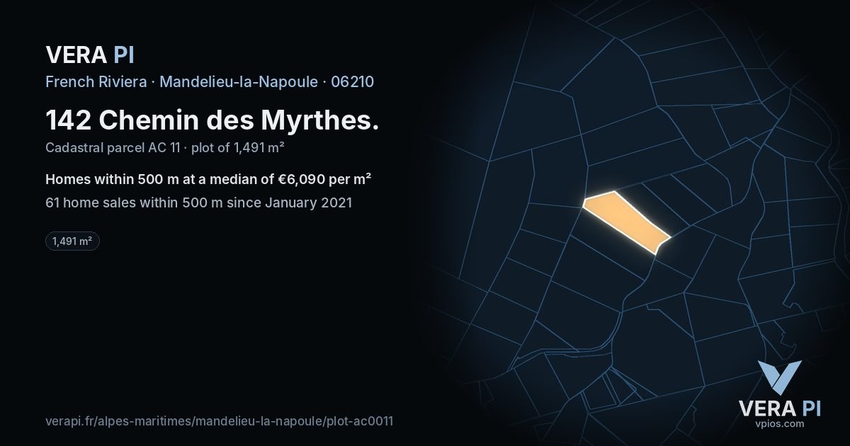 142 Chemin des Myrthes, Mandelieu-la-Napoule at night – the plot lit, the parcels around coloured by the prices near them
