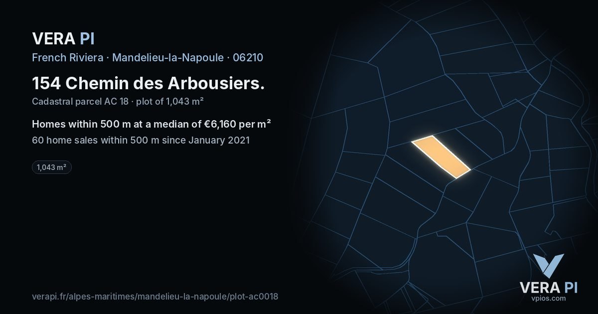 154 Chemin des Arbousiers, Mandelieu-la-Napoule at night – the plot lit, the parcels around coloured by the prices near them