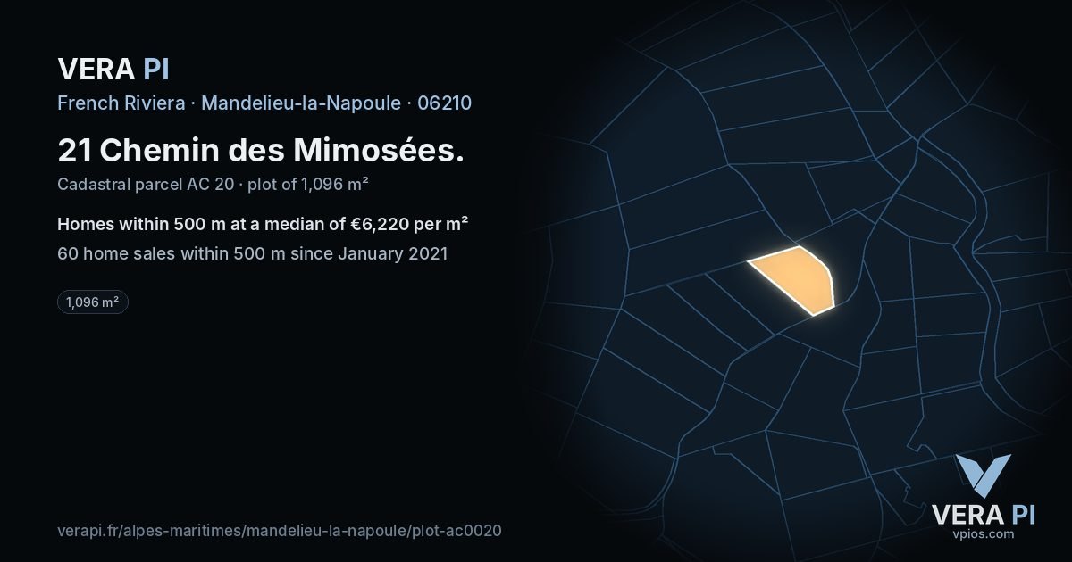 21 Chemin des Mimosées, Mandelieu-la-Napoule at night – the plot lit, the parcels around coloured by the prices near them