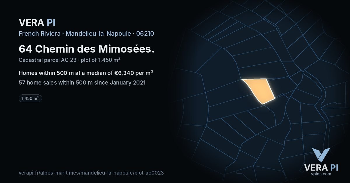 64 Chemin des Mimosées, Mandelieu-la-Napoule at night – the plot lit, the parcels around coloured by the prices near them