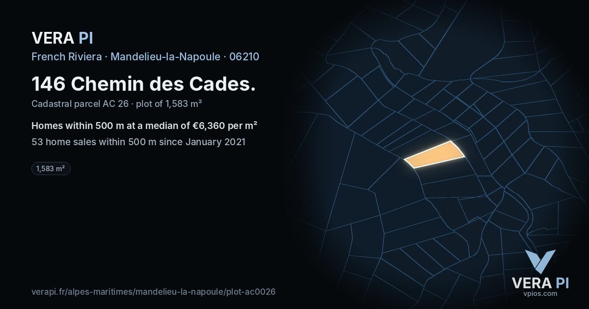 146 Chemin des Cades, Mandelieu-la-Napoule at night – the plot lit, the parcels around coloured by the prices near them