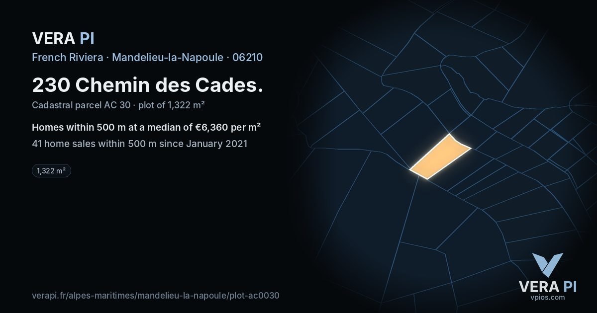 230 Chemin des Cades, Mandelieu-la-Napoule at night – the plot lit, the parcels around coloured by the prices near them