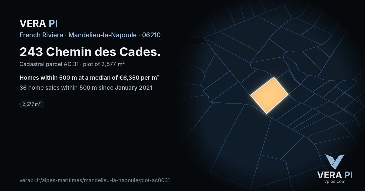 243 Chemin des Cades, Mandelieu-la-Napoule at night – the plot lit, the parcels around coloured by the prices near them