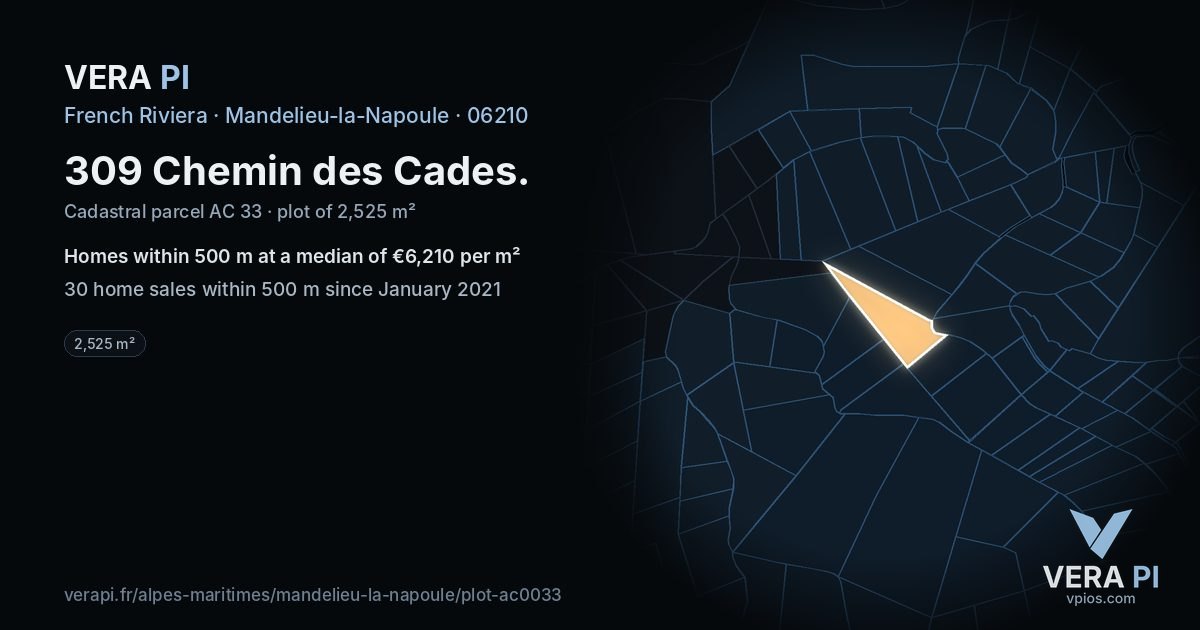 309 Chemin des Cades, Mandelieu-la-Napoule at night – the plot lit, the parcels around coloured by the prices near them