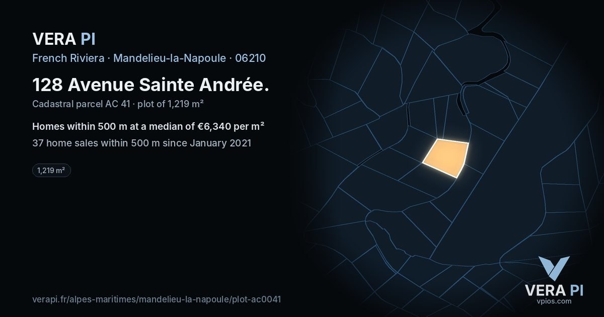 128 Avenue Sainte Andrée, Mandelieu-la-Napoule at night – the plot lit, the parcels around coloured by the prices near them