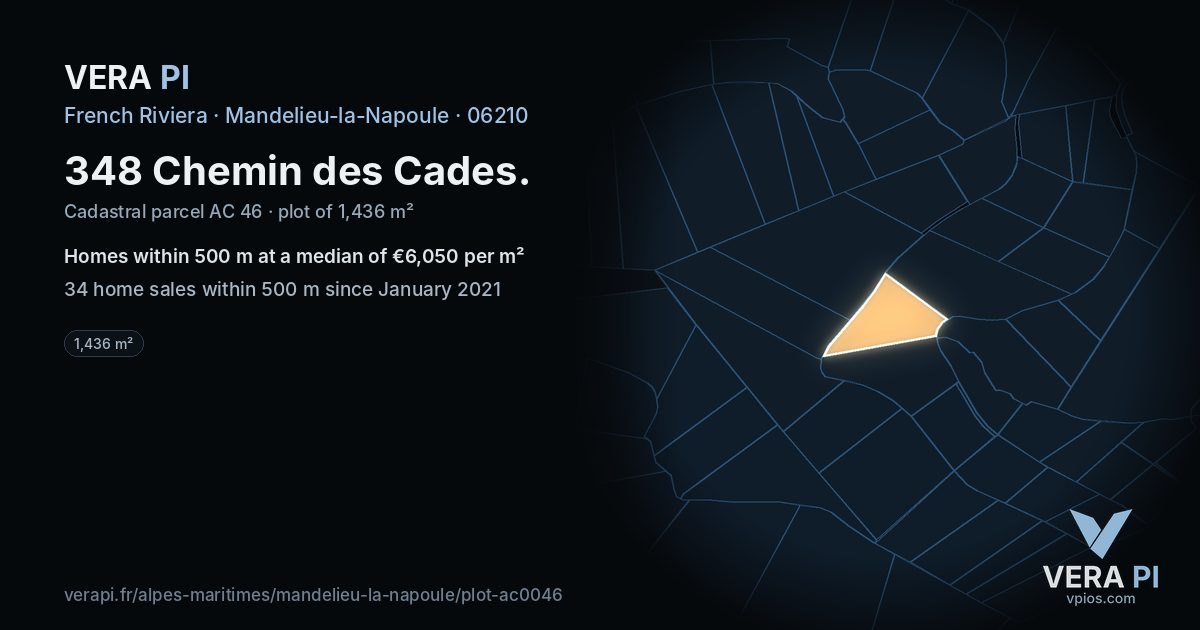 348 Chemin des Cades, Mandelieu-la-Napoule at night – the plot lit, the parcels around coloured by the prices near them