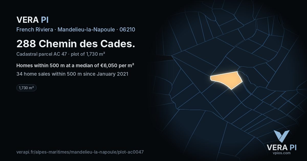 288 Chemin des Cades, Mandelieu-la-Napoule at night – the plot lit, the parcels around coloured by the prices near them