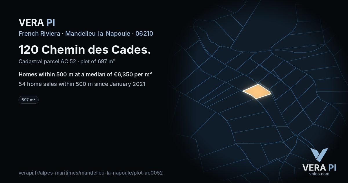 120 Chemin des Cades, Mandelieu-la-Napoule at night – the plot lit, the parcels around coloured by the prices near them