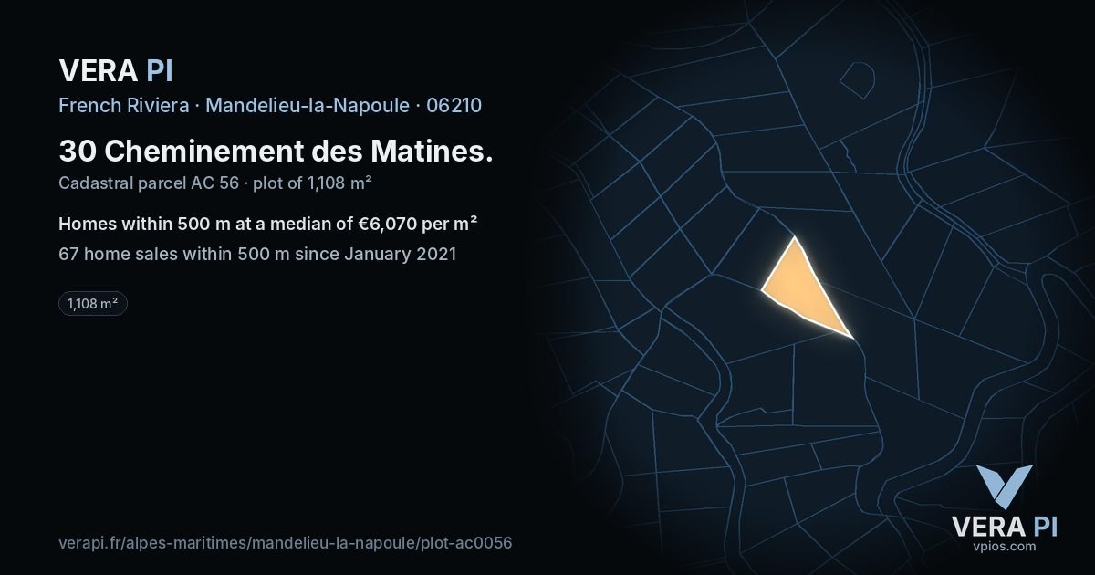 30 Cheminement des Matines, Mandelieu-la-Napoule at night – the plot lit, the parcels around coloured by the prices near them