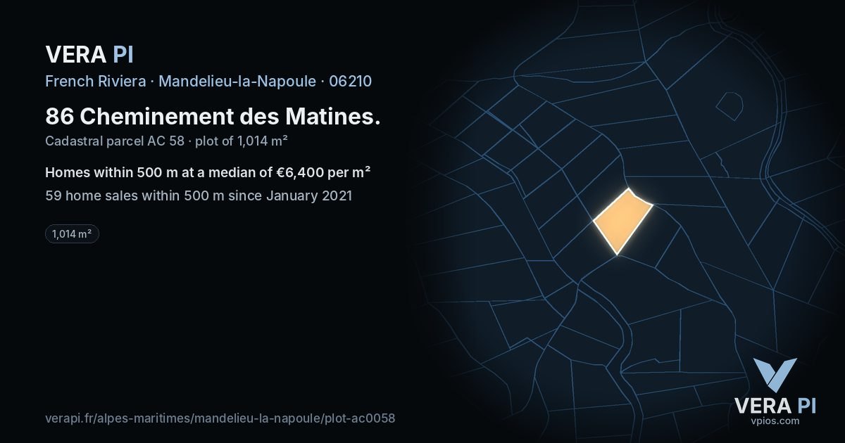 86 Cheminement des Matines, Mandelieu-la-Napoule at night – the plot lit, the parcels around coloured by the prices near them
