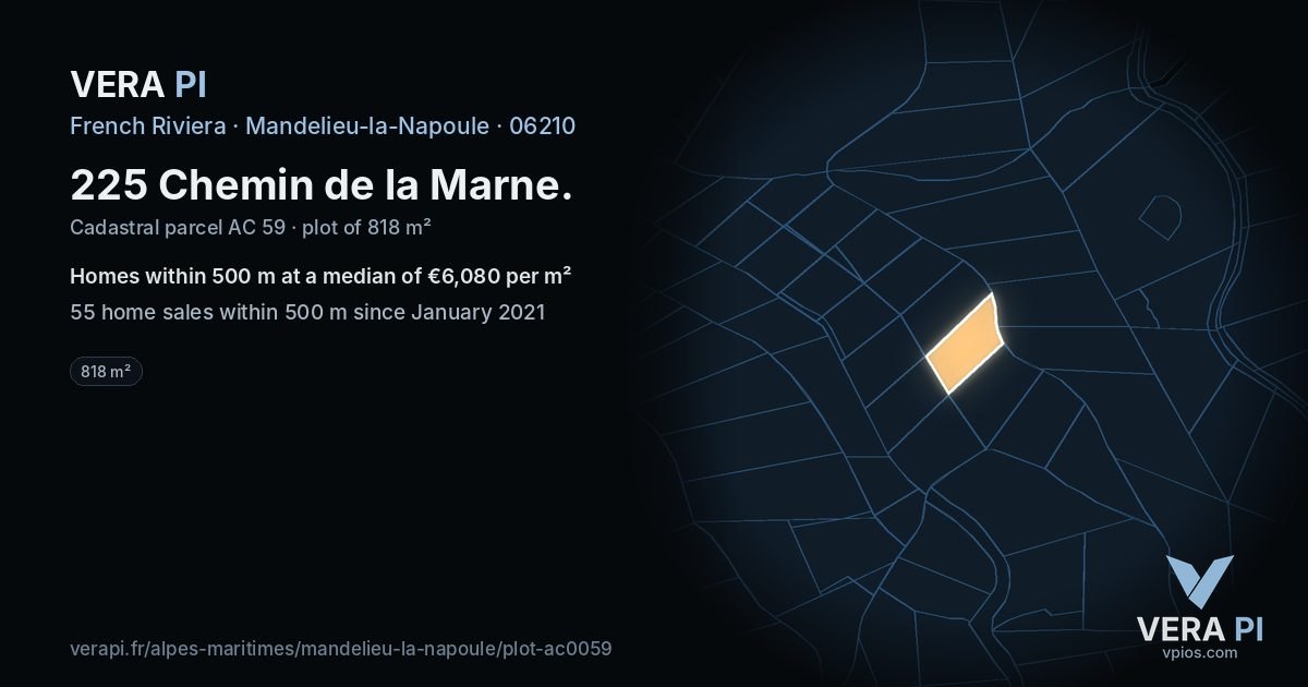 225 Chemin de la Marne, Mandelieu-la-Napoule at night – the plot lit, the parcels around coloured by the prices near them