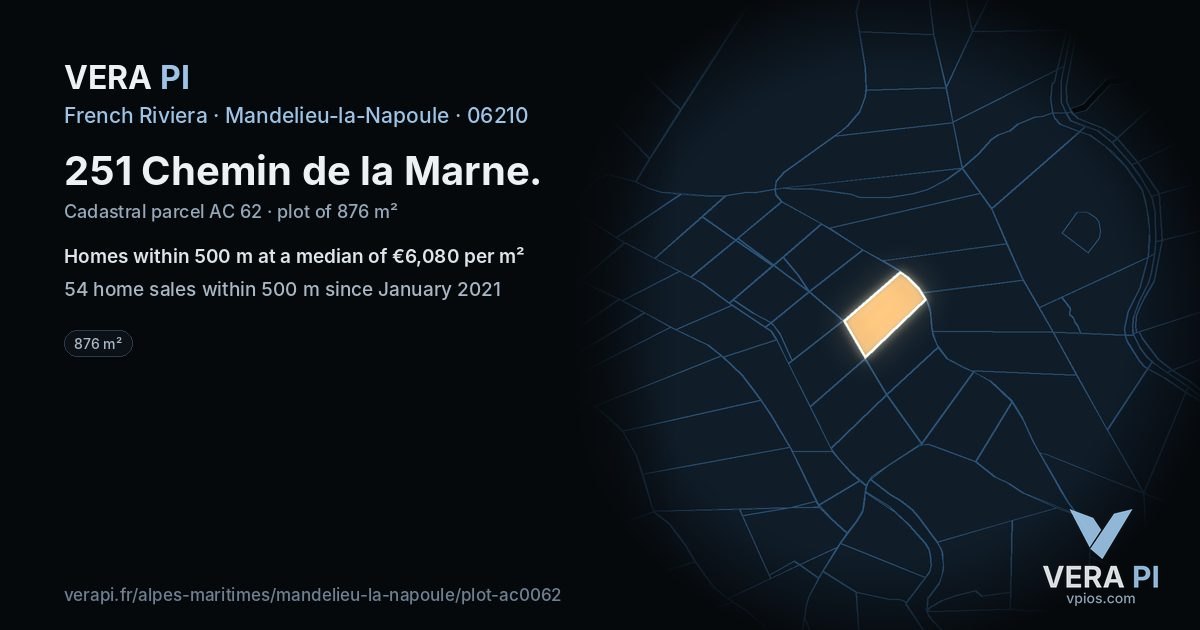 251 Chemin de la Marne, Mandelieu-la-Napoule at night – the plot lit, the parcels around coloured by the prices near them