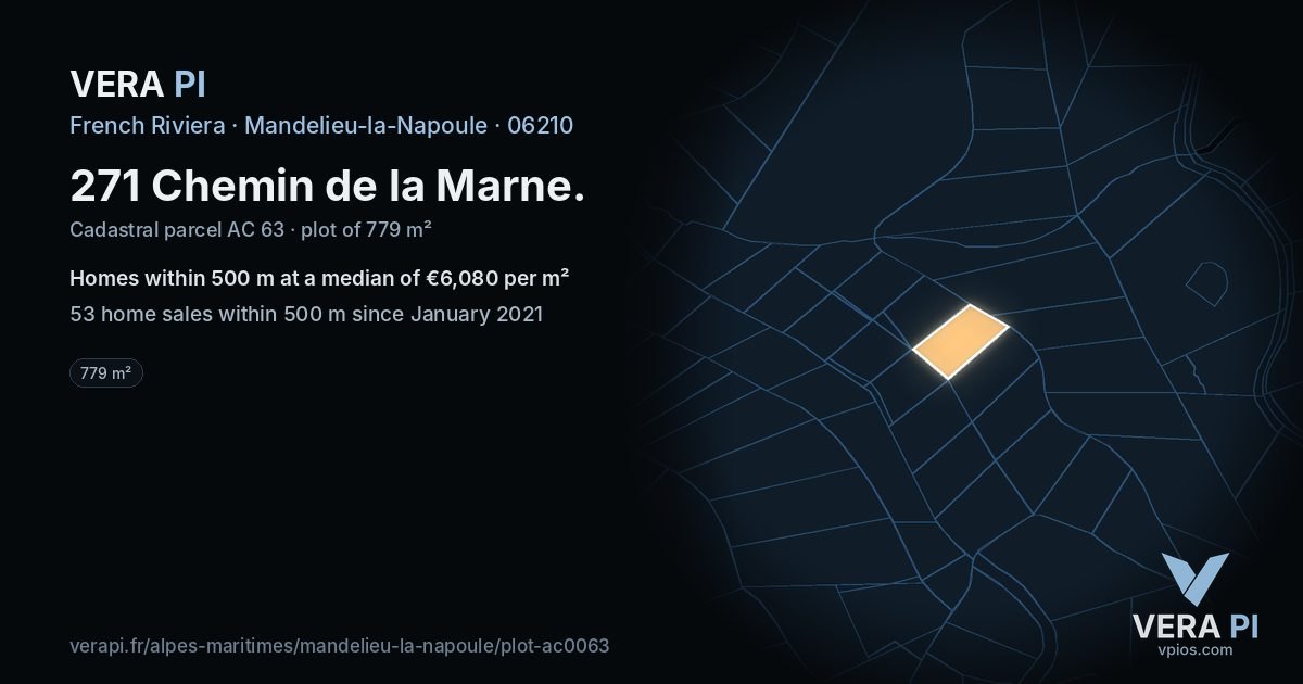 271 Chemin de la Marne, Mandelieu-la-Napoule at night – the plot lit, the parcels around coloured by the prices near them